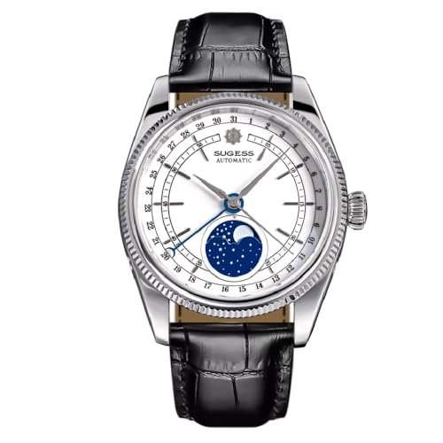 Seestern Sugess S452 Automatikuhr für Herren, Stahl, Leder, Schwarz / Weiß, Mondphase, Schwarz , Armband von Seestern