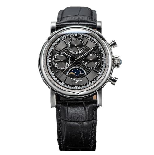 Seestern Sugess ST1908 Chronograph mechanisch Stahl Leder Schwarz Saphir Datum Herrenuhr, Schwarz , Armband von Seestern