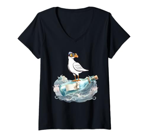 Damen maritim Möwen Möwe Flaschenpost Seefahrer Seemann Seemöwe T-Shirt mit V-Ausschnitt Damen maritim Möwen Möwe Flaschenpost Seefahrer Seemann Seemöwe T-Shirt mit V-Ausschnitt von Seevögel Seemöwen Möwen Matrosen Seemänner