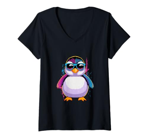 Damen Seevögel Tierwelt Retro Königspinguin Pinguin T-Shirt mit V-Ausschnitt von Seevogel Südpol Kalt Natur Tier Motiv