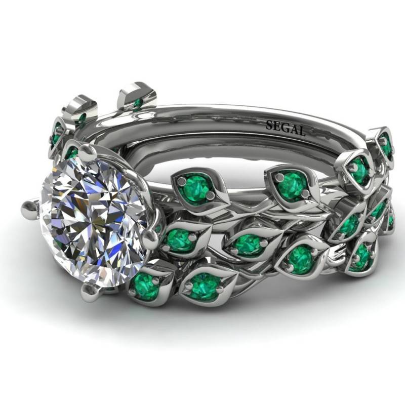 2Ct Moissanit Braut Set Weißgold Mit Smaragd Verlobungsring Blatt Rubin von SegalJewelry