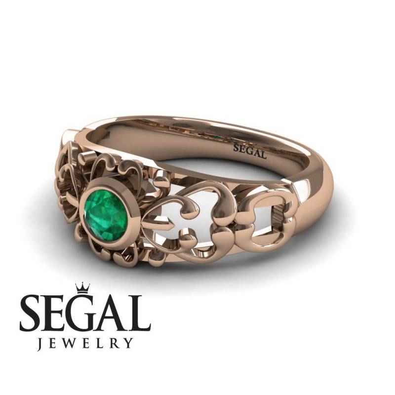 Einzigartiger Verlobungsring 14K Rotgold Vintage Filigraner Ring Grüner Smaragd - Makayla von SegalJewelry