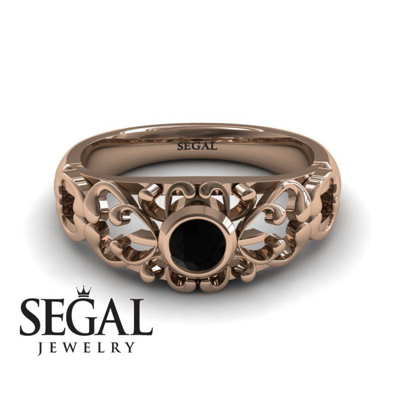 Einzigartiger Verlobungsring 14K Rotgold Vintage Filigraner Ring Schwarzer Diamant - Makayla Filigree Engagmenet von SegalJewelry