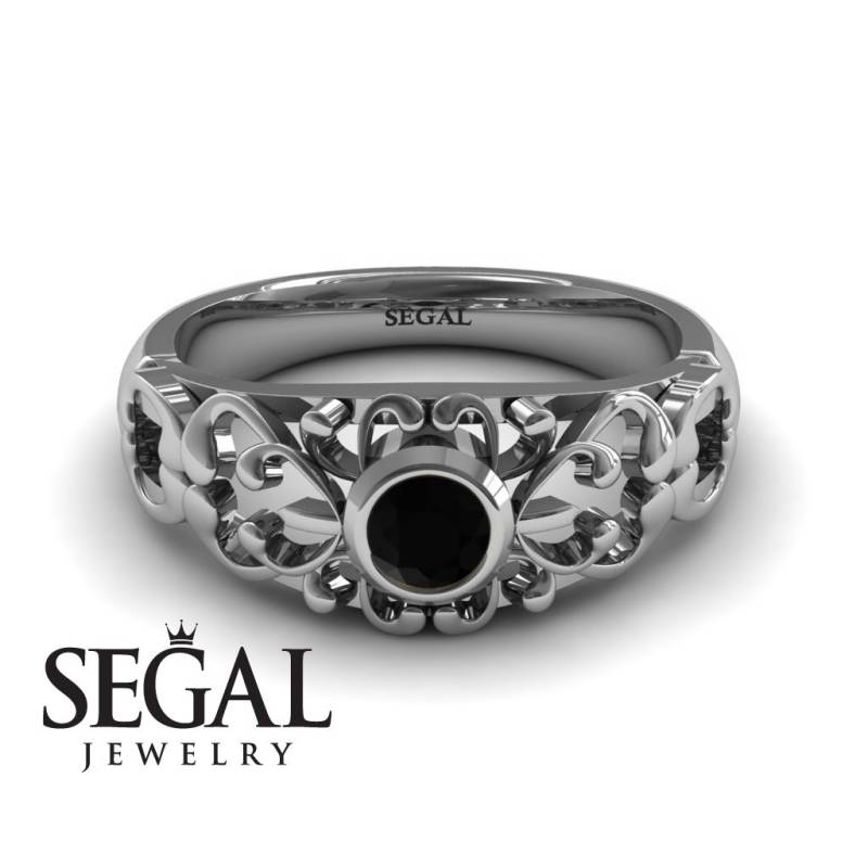 Einzigartiger Verlobungsring 14K Weißgold Vintage Filigraner Ring Schwarzer Diamant - Makayla von SegalJewelry
