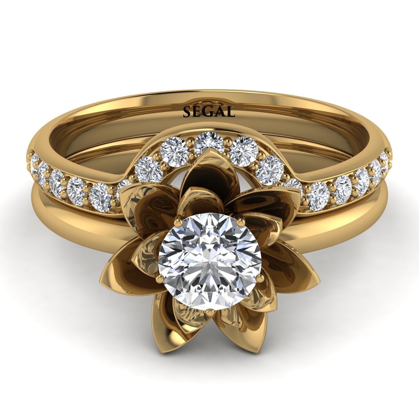 Einzigartiges Lotus Gelbgold Solitär Diamant Braut Set Einzigartiges Lotus Gelbgold Solitär Diamant Braut Set von SegalJewelry