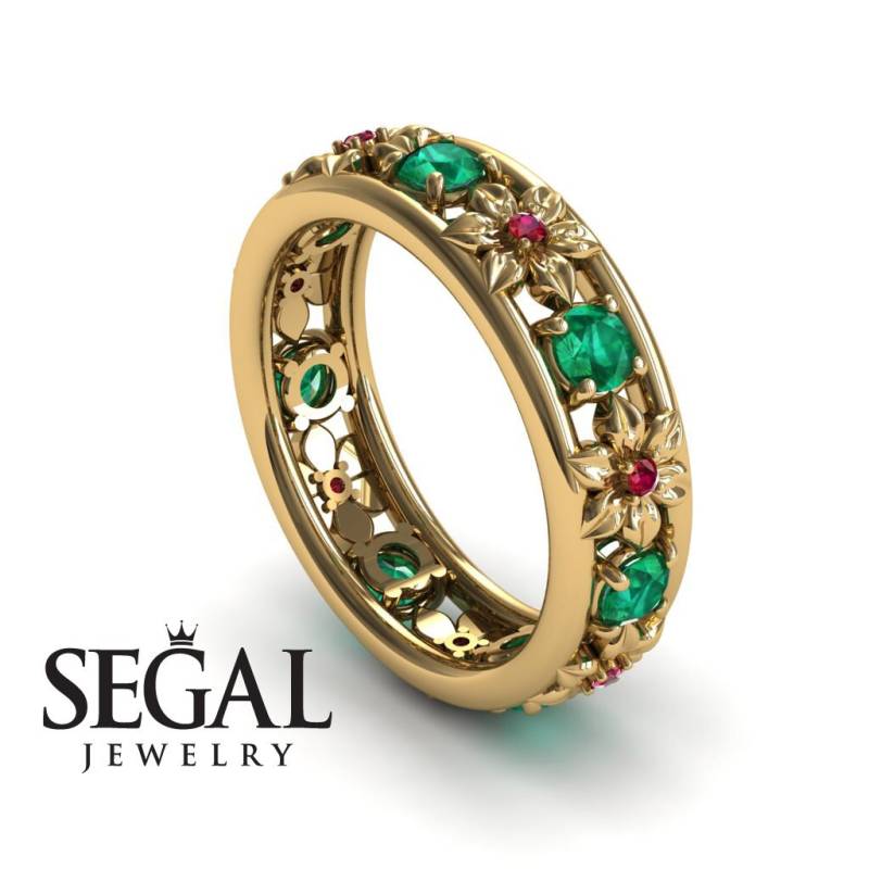 Jubiläumsring 14K Gelbgold Blumen Vintage Grün Smaragd Und Rubin Jubiläumsgeschenk Blumenjubiläumsring - Victoria von SegalJewelry