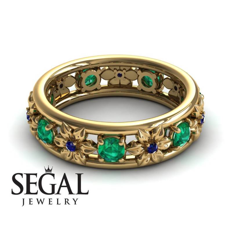 Jubiläumsring 14K Gelbgold Blumen Vintage Grün Smaragd Und Saphir Jubiläumsgeschenk Blumenjubiläumsring - Victoria von SegalJewelry