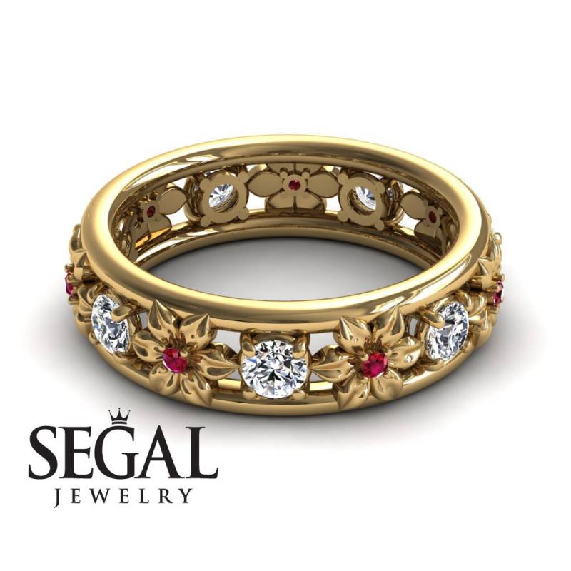 Jubiläumsring Diamantring 14K Gelbgold Blumen Vintage Weißer Diamant Und Rubin Jahrestagsgeschenk Blume Jahrestagsring - Victoria von SegalJewelry