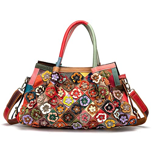 Boston-Tasche für Damen, mehrfarbig, echtes Leder, bunt, große Tragetasche, Handtasche, Mehrfarbiges Blumenmuster, one size von Segater