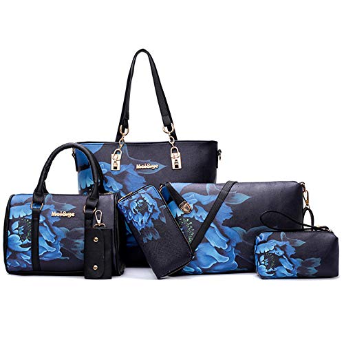 Segater® Damen Handtaschen Set 6tlg PU-Leder-Einkaufstasche Tote Geldbörsen-Set Elegante Mehrzweck-Umhängetaschen Schultertaschen und Clutch mit Blumendruck von Segater