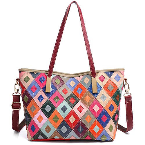 Segater® Damen Mehrfarbig Tote Echtledertasche Jahrgang Schultertaschen aus echtem Leder Multicolor Bunte Handtasche Rindsleder gewebte böhmische Design Umhängetaschen Frauen Patchwork Geldbörse von Segater