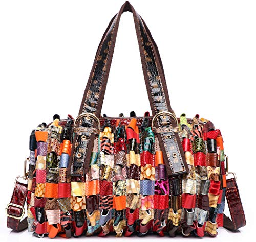 Segater® Damen Mehrfarbige Handtasche Rindsleder Ledertasche Hobo Tasche mit Schlangenmuster 3D Muster gewebte böhmische Design Schultertaschen Patchwork Geldbörsen von Segater