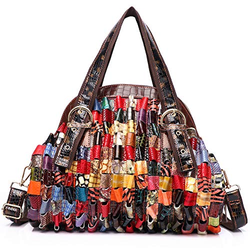 Segater® Damen Mehrfarbige Handtasche Rindsleder Ledertasche Hobo Tasche mit Schlangenmuster 3D Muster gewebte böhmische Design Schultertaschen Patchwork Große Geldbörsen von Segater