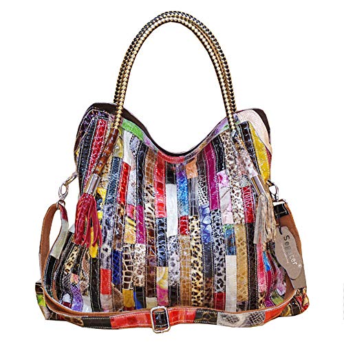 Segater® Damen Multicolor Einkaufstasche Echtes Leder Handtasche Bunte Patchwork Große Umhängetasche Shopper Taschen Großer Crossbody Hobo Handtasche von Segater