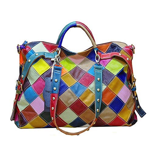 Segater® Damen Multicolor Einkaufstasche Rind Leder-Handtaschen Bunte Patchwork 2019 NEU TOP Bewertet Große Umhängetasche Hobo Taschen von Segater