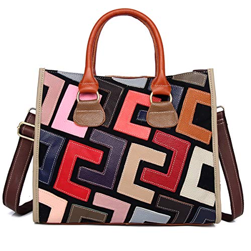 Segater® Damen mehrfarbige echte Ledertasche Tote tasche Buntleder Graffiti Print Bunte Handtasche Vintage geometrische Puzzle Patchwork Geldbörse Frauen Schultertaschen von Segater