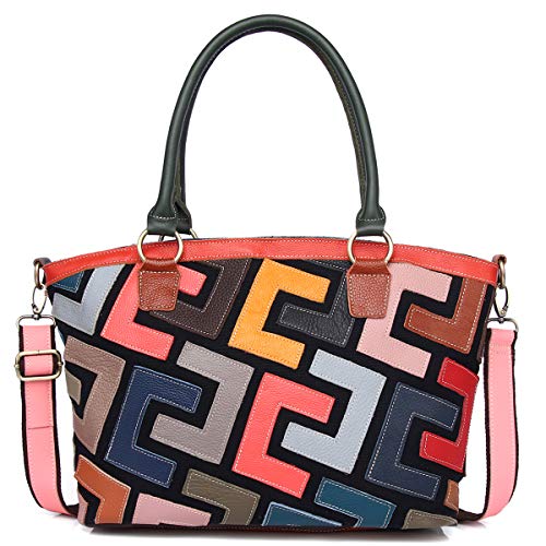 Segater® Damen mehrfarbige echte Ledertasche Tote tasche Buntleder Graffiti Print Bunte Handtasche Vintage geometrische Puzzle Patchwork Geldbörse Frauen Schultertaschen von Segater