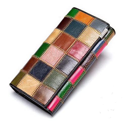 Segater® Frauen Multicolor Lange Geldbörse Echtes Öl Wachs Leder Portemonnaie Random Square Bunte Nähte Kartenhalter Organizer Tasche Mode Telefon Clutch für Weihnachten von Segater