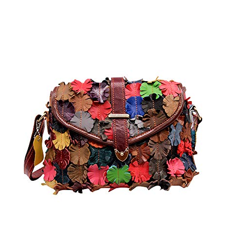 Segater® Mehrfarbig Floral Rind Leder-Umhängetasche für Damen, Vintage Rindsleder Handtasche Blumenmuster 3D Schultertaschen Damen Reisetasche mit Henkeltasche Patchwork bunte Geldbörsen Henkeltaschen von Segater