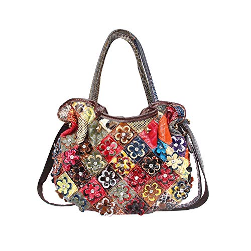 Segater® Mehrfarbig Floral Rind Leder-Umhängetasche für Damen, Vintage Rindsleder Handtasche Blumenmuster 3D Schultertaschen Damen Reisetasche mit Henkeltasche Patchwork bunte Geldbörsen Henkeltaschen von Segater