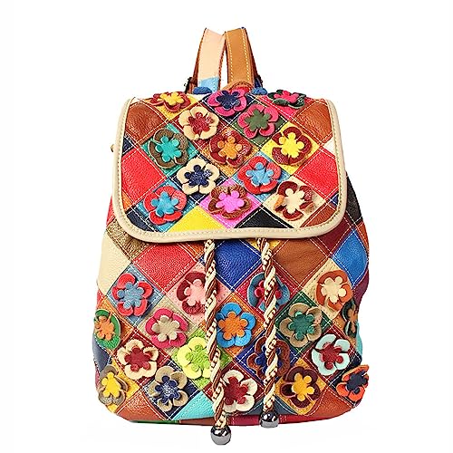 Segater 3D Bunte Blumen Rucksack für Frauen Mehrfarbige Echtes Leder Daypack Zufällige Farbe gespleißt Drawstring Umhängetasche Mode Geldbörsen von Segater