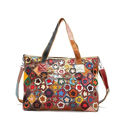 Segater 3D Bunte Geblümte Tragetasche Handtasche für Frauen Echtes Leder Umhängetasche Zufällige Mehrfarbiges Patchwork Crossbody Tasche Arbeit Shopper Schultertasche von Segater