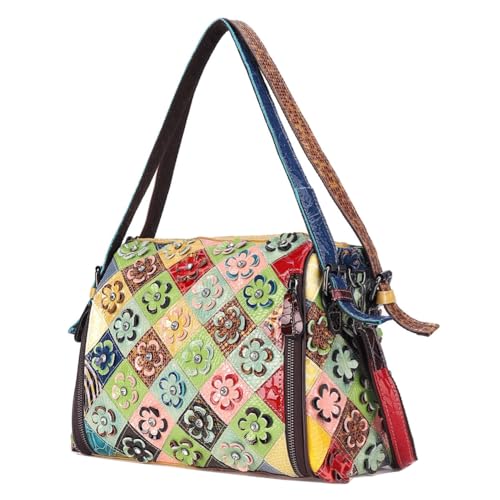 Segater Bunte Blumen Handtasche für Frauen 3D Glänzend Mehrfarbig Leder gespleißt Umhängetasche Geldbörse Weihnachten Schultertaschen von Segater