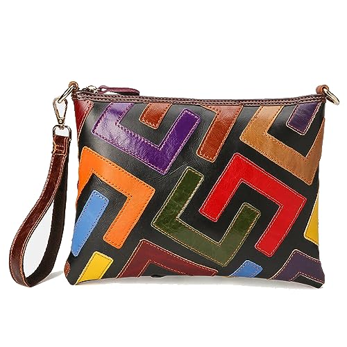 Segater Bunte Crossbody Tasche für Frauen Damen-Kupplung Echtes Leder Handtasche Mehrfarbig gemustertes Handgelenk Portemonnaie Party Geldbörse Shopper Umhängetasche von Segater