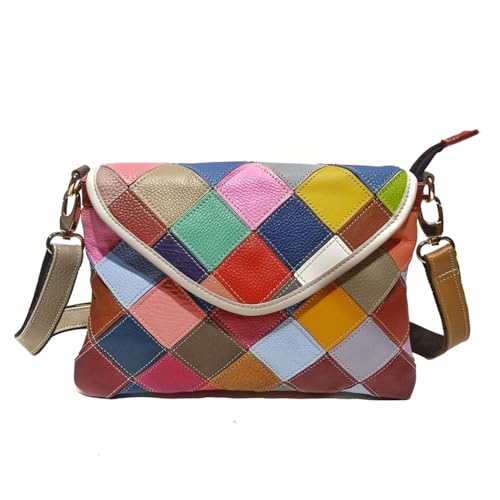 Segater Bunte Klappe Umhängetasche für Damen Leder Geldbörse Random Mehrfarbig Patchwork Handtaschen Shopper Schultertaschen von Segater