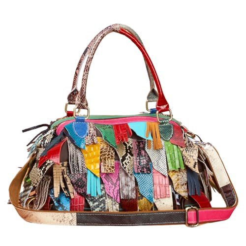 Segater Bunte Quasten Top-Handle Geldbörse für Damen Mehrfarbig Leder Schultertasche Schlangenprint Bunte Patchwork Handtasche Shopper Umhängetaschen von Segater