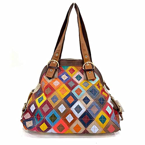 Segater Buntes Patchwork Hobo Geldbörse Lederhandtasche Bunte Rhombus Umhängetasche Travel Work Schultertasche Schulranzen von Segater