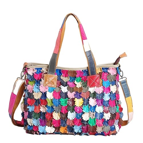 Segater Damen 3D Buntes Blatt Tote Tasche Leder Geldbörse Mehrfarbig gespleißt Handtasche Random Colour Blocking Umhängetasche Bohemian Schulranzen von Segater