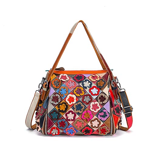 Segater Damen Bunte Blume Patchwork Boston Handtasche 3D mehrfarbige zufällig gespleißte Umhängetasche Leder Geldbörse Sommer Reise Dating Schulranzen von Segater