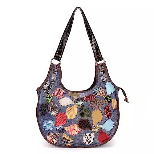 Segater Damen Bunte Blumen Hobo Mehrfarbig Handtasche Echtes Leder mehrfarbige Umhängetasche Zufällige Farbe Patchwork Top-Handle Tasche Reise Geldbörse von Segater