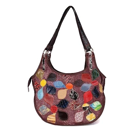 Segater Damen Bunte Blumen Hobo Mehrfarbig Handtasche Echtes Leder mehrfarbige Umhängetasche Zufällige Farbe Patchwork Top-Handle Tasche Reise Geldbörse von Segater