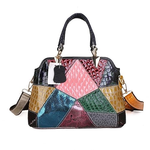 Segater Damen Lackleder Bunte Henkeltasche Glänzendes Portemonnaie Krokodil Print Handtasche Mehrfarbige Patchwork-Umhängetasche Shopper Schultertasche von Segater