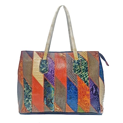 Segater Damen Mehrfarbig Handtasche Lackleder Schlangendruck Umhängetasche Zufälliges buntes Patchwork Portemonnaie Arbeitstasche Reisetasche von Segater