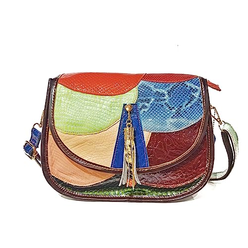 Segater Damen Mehrfarbig Umhängetasche Echtes Leder Schlangendruck Handtasche 3D Buntes Patchwork Crossbody Tasche Satchel mit Quaste von Segater