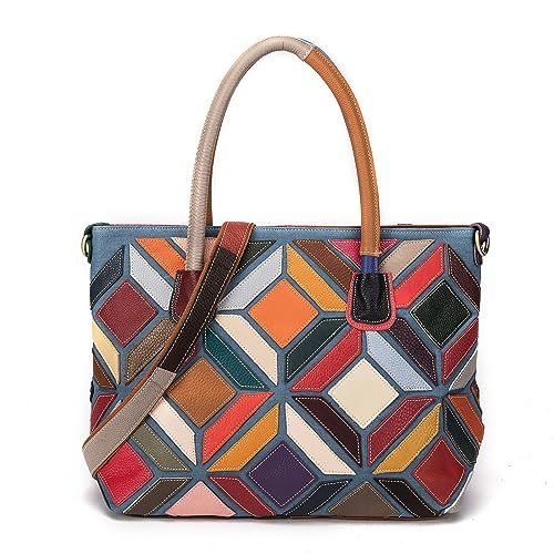 Segater Damen Mehrfarbige Tote Zufälliges buntes geometrisches Muster gespleißte Handtasche Echtes Leder Umhängetasche Geldbörse Shopper Schultertasche Schulranzen von Segater