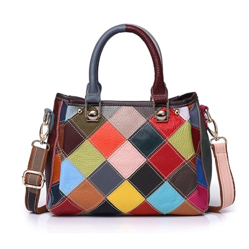 Segater Damen Multi-color Tote Bunte Top-Handle Tasche Echtes Leder Geldbörse Zufällig gespleißte Umhängetasche Weihnachten Handtasche Shopper Schulranzen von Segater