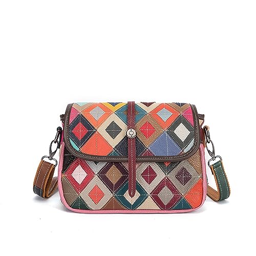Segater Damen Multicolour Flap Umhängetasche Echtes Leder Handtasche Zufällige Bunte Muster gespleißt Crossbody-Tasche Arbeit Shopper Schultertasche von Segater