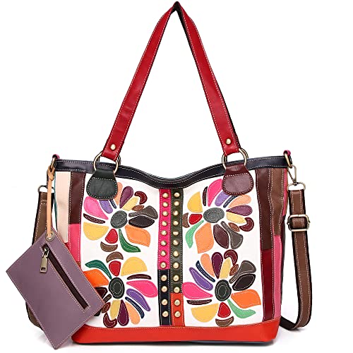 Segater Frauen 2Pcs Blumen-Multicolor-Einkaufstasche Bunte Handtasche aus echtem Leder Umhängetasche mit zufälligem Blumenspleißen Work Shopper Satchel mit Geldbörse von Segater