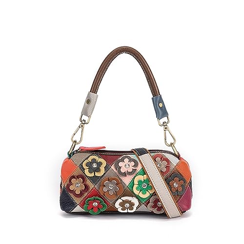 Segater Frauen Bunte 3D Floral Umhängetasche Echtes Leder Crossbody Tasche Zufällige Multicolour Patchwork Handtasche Shopper Top-Handle Tasche von Segater