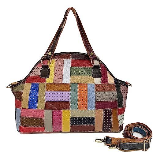 Segater Frauen Echtes Leder Tote Handtasche Mehrfarbige hohle Umhängetasche Zufällige bunte Patchwork Henkeltasche Shopper Crossbody-Tasche von Segater