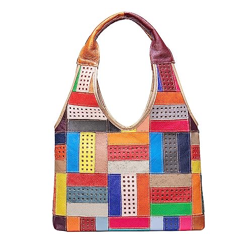 Segater Frauen Echtes Leder Tote Handtasche Mehrfarbige hohle Umhängetasche Zufällige bunte Patchwork Henkeltasche Shopper Crossbody-Tasche von Segater