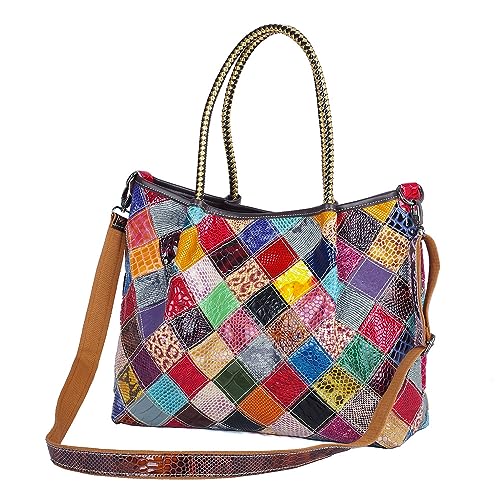 Segater Frauen Glänzende Multicolor Tote Geldbörse Buntes echtes Leder gespleißt Handtasche Random Colour Blocking Umhängetasche Schulranzen von Segater