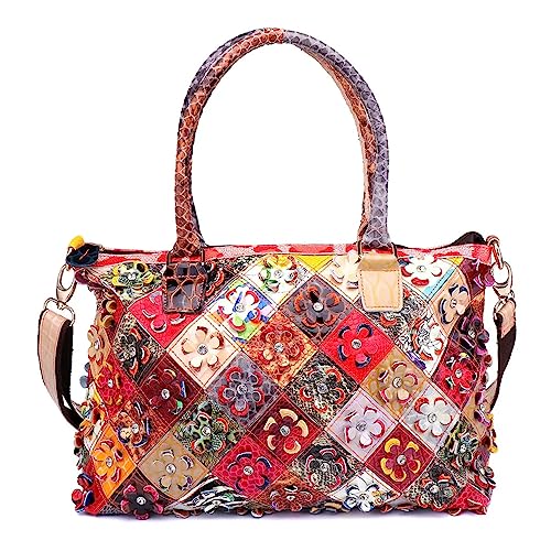 Segater Frauen Mehrfarbig 3D Blumen Handtasche und Geldbörse Patent Leder Schulter Boston Tasche Zufälliger Schlangendruck Buntes Patchwork Umhängetasche Damen Schultertasche von Segater