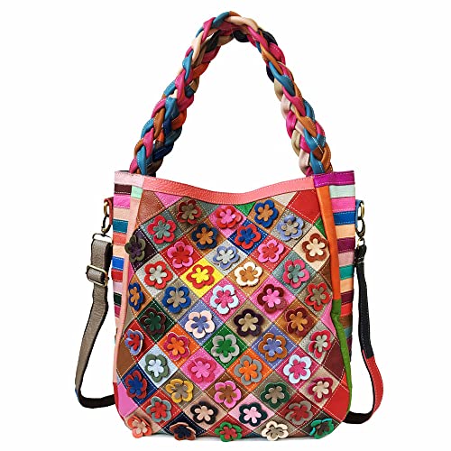 Segater Frauen Mehrfarbige Blume Handtasche 3D Buntes Patchwork Designer Umhängetasche Echtes Leder Hobo Geldbörse Einzigartiger Reise-Shopper Schulranzen von Segater