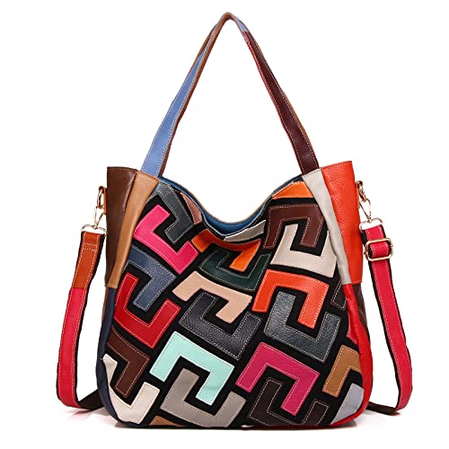 Segater Frauen Mehrfarbige Tote Handtasche Echtes Leder Geldbörse Word Splice Schulranzen Mode Buntes Patchwork Crossbody Tasche Buntes Umhängetasche von Segater