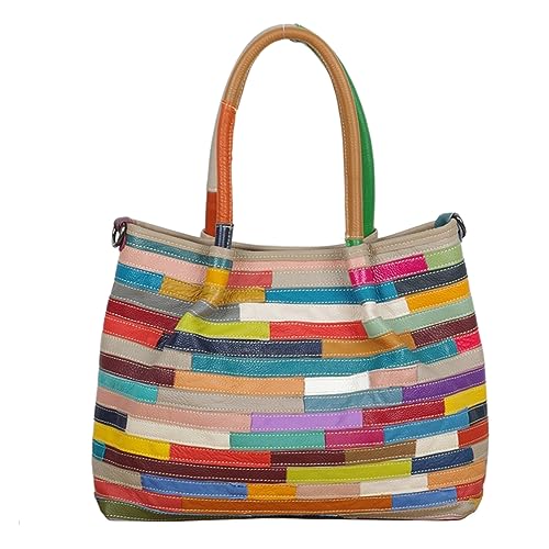 Segater Frauen Multicolor Tote Geldbörse Bunt gestreifte gesplicte Handtasche Echtes Leder Umhängetasche Random Colour Blocking Schulranzen von Segater